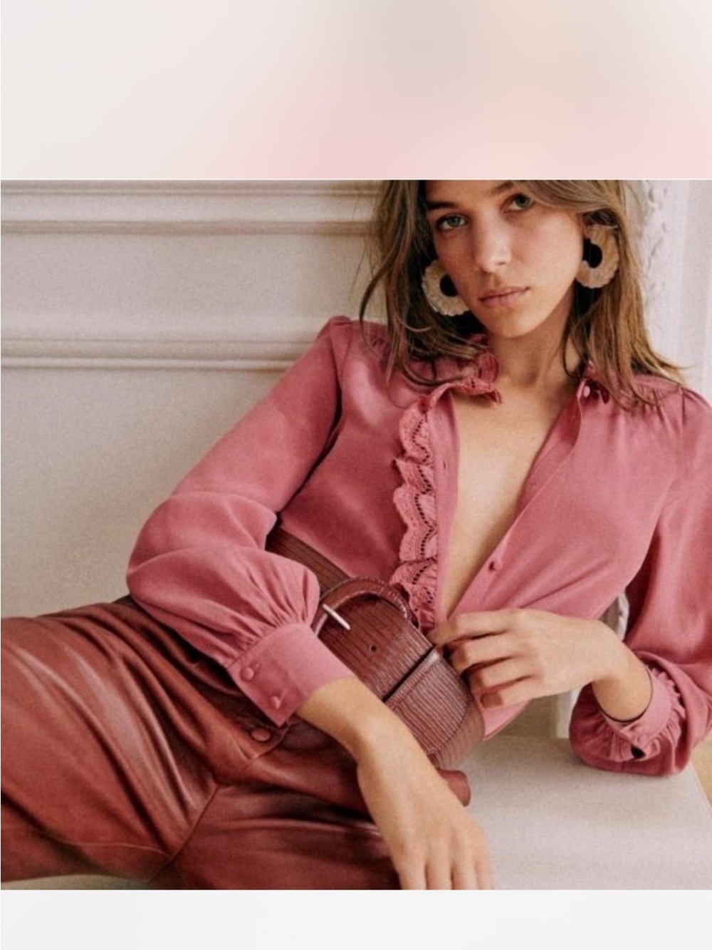 Sezane Silk Rose-Pink Ruffled Button-Front Blouse - Picture 3 of 8